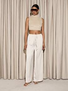 AiiRZ Conjunto de top corto y pantalón palazzo estilo teddy lujoso - Conjunto de dos piezas acogedor y esponjoso para vestir en fiestas, eventos, vacaciones y salidas - Blanco - Ver 5