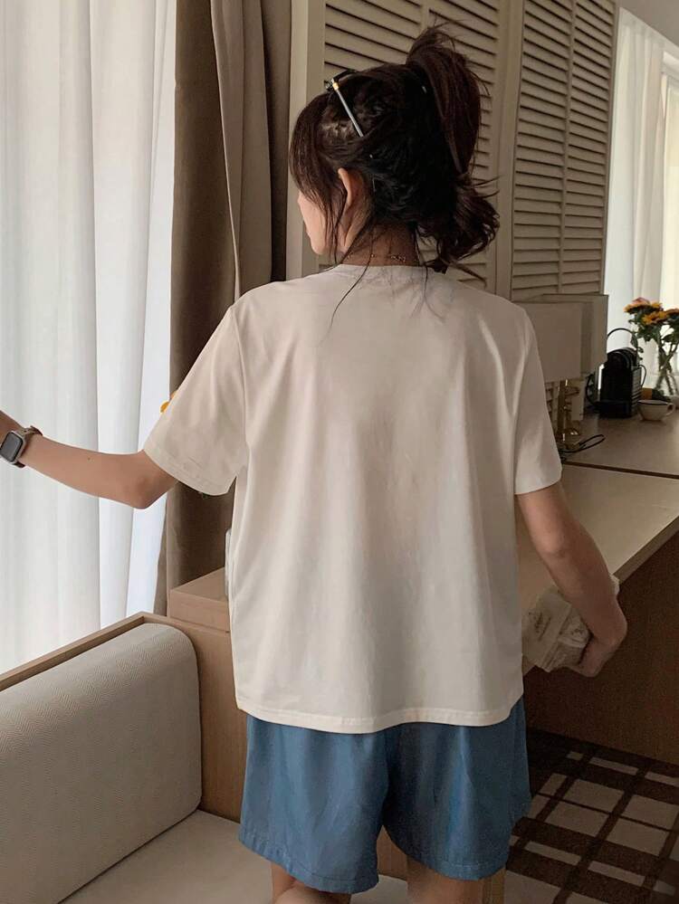 2pcs Set Solid Color Casual T-Shirt Top And Loose Fit Shorts, Women Homewear Suits Pajama