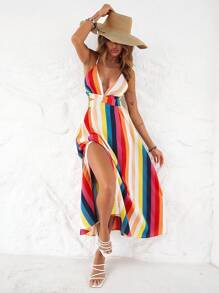 Breezaya Women's Colorful Striped Side Slit Hem Camisole Dress - Multicolor - View 3