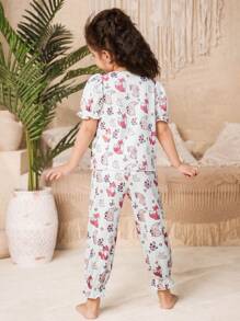 SHEIN Young Girls 2pcs Cute Cartoon Rabbit & Fox Print, Butterfly Decor Round Neck Short Sleeve Top And Long Pants Casual Comfortable Pajama Set, Suitable For Girls Daily Wear, Activities, Festivals And Family Gatherings
