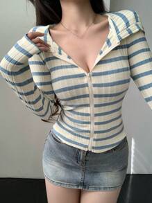 DAZY Women's Simple Striped Zip-Up Hoodie, Casual Daily Wear Long Sleeve Women Tops - Blue - View 7
