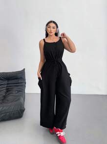 POPSWAY Plus Size Solid Color Straight Leg Jumpsuit With Suspenders, Casual Loose Design, Korean Style - Black - View 1