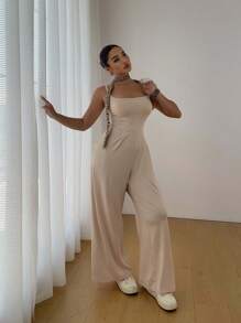 Flirla Women's Elastic Knit Spaghetti Strap Backless Wide Leg Pants - Apricot - View 4