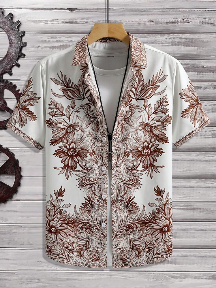 Manfinity Homme Camisa masculina plus size com botão frontal e estampa floral casual de manga curta - Champagne - Ver 3