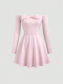 SHEIN Unity 女士甜美淑女蝴蝶结露肩修身优雅奢华长袖短款派对连衣裙 - 粉色 - 查看 1