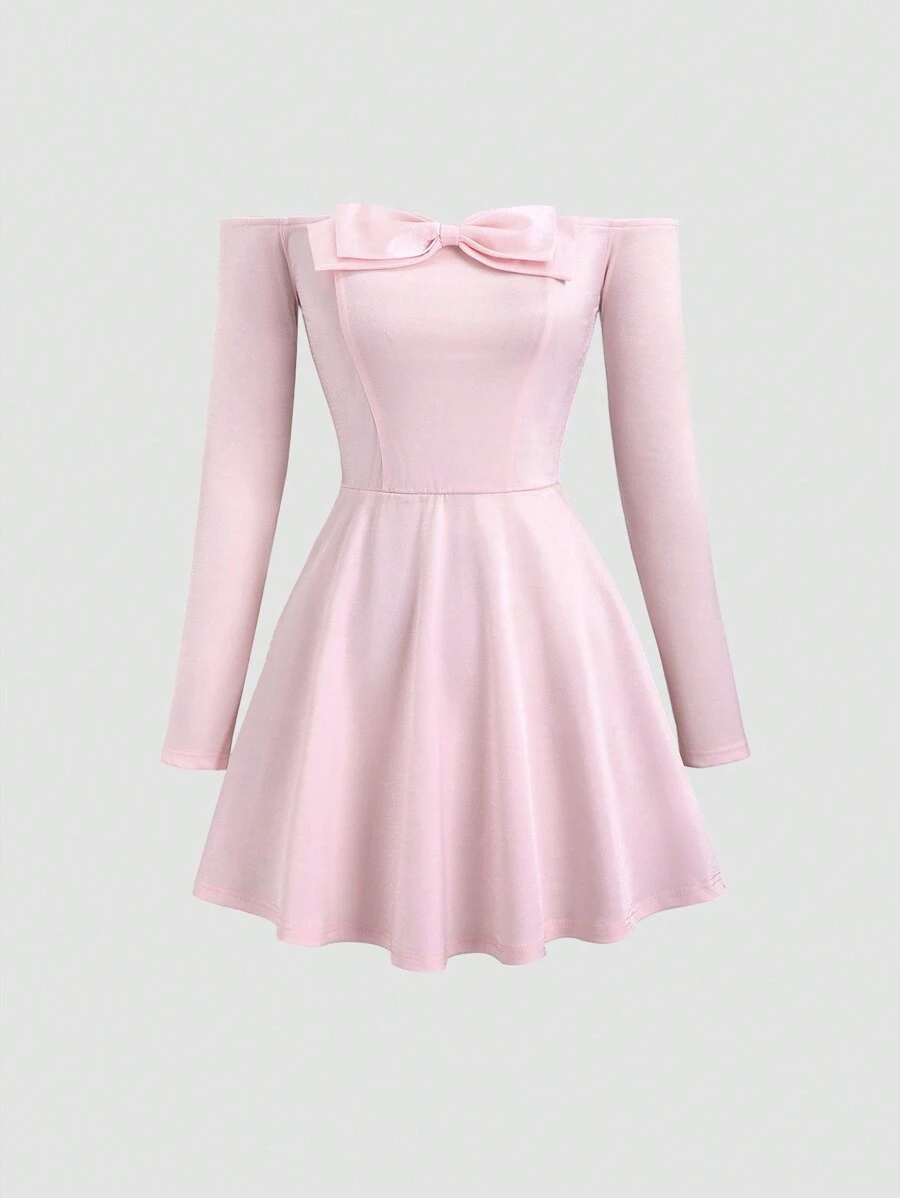SHEIN Unity 女士甜美淑女蝴蝶结露肩修身优雅奢华长袖短款派对连衣裙 - 粉色 - 查看 1