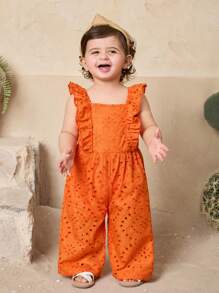 SHEIN Newborn Baby Girl Cute Holiday Embroidery Ruffle Trim Jumpsuit Summer - Orange - View 6