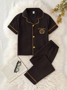 2pcs/Set Tween Boys' Casual Badge Embroidered Short Sleeve Top And Relaxed Fit Pants Lounge Set - Black - View 3