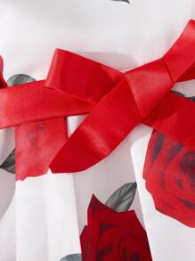 Tween Mädchen Sommer Neue Rose Blume Drucken Geraffte Taille Ärmelloses Kleid - Rot - Übersicht 4