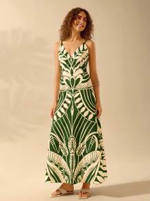 CAJUNI Women's Boho Tropical Black & Beige Print Dress, Casual Holiday Summer Dress