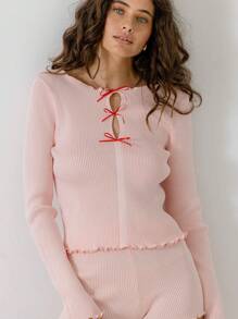 Aralina Valentine Cute Lettuce Rib Knit Bow Detail Longsleeve And Short Two Pieces Set With Scrunchie - Pink - View 8