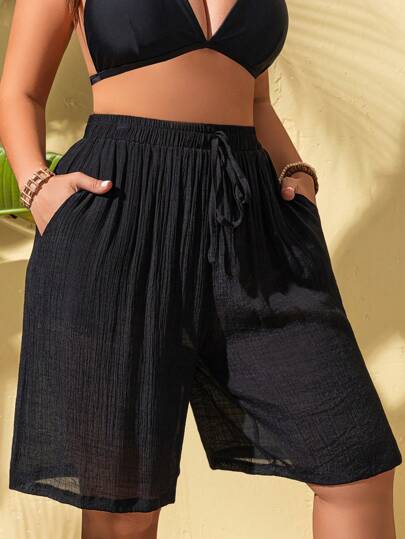 Swim Lushoire Plus Size Bamboo Fiber Drawstring Bermuda Shorts Cover-Up, For Summer Beach Vacation