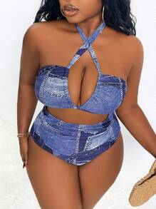SHEIN Slayr CURVE Plus Size Casual Street Style Denim Effect Print Cut Out One-Piece Suit, For Summer Beach Vacation