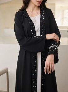 Al Najma Women's Elegant Luxurious Beaded Pearl Long Abaya Robe,Modest - Black - View 4