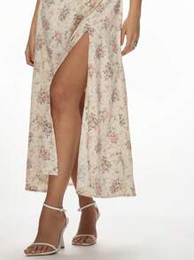 MISSGUIDED Floral Summer Midi Dress With Ruched Bust Spaghetti Straps High Slit Wedding Guest Garden Party Tea Length Feminine - Multicolor - View 5