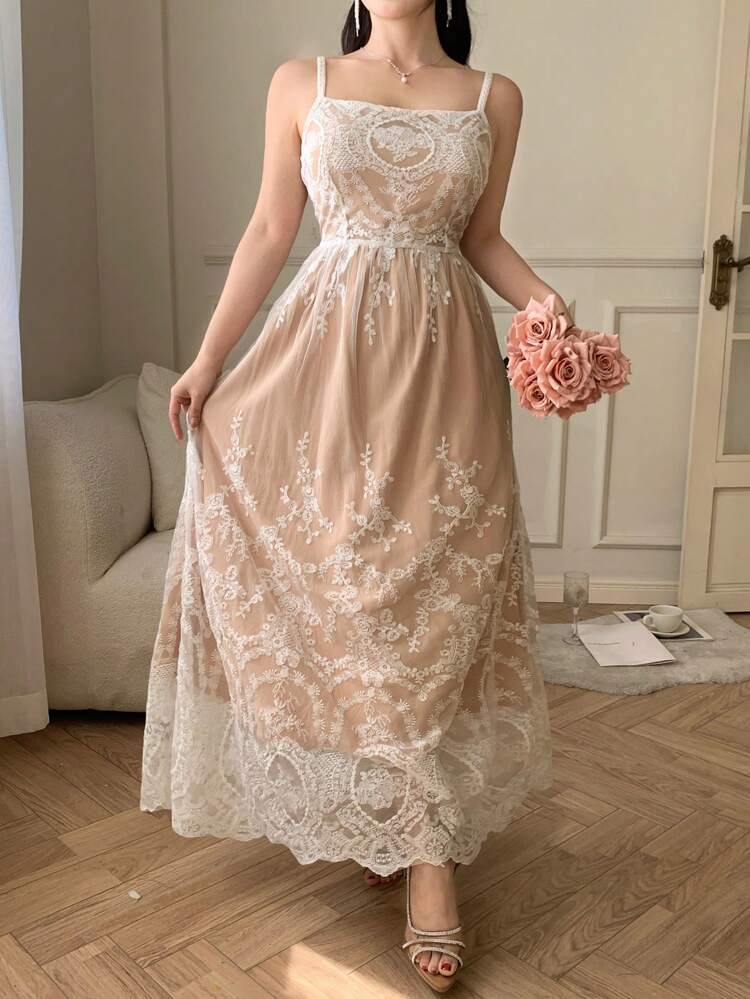 Women's Sleeveless Floral Embroidered Casual Elegant Spaghetti Strap Dress Easter
