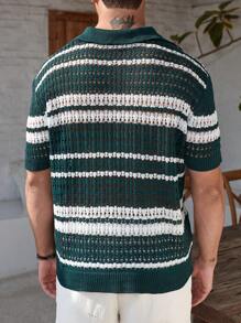 Manfinity Homme Chandail en tricot à col polo rayé ajouré décontracté pour hommes