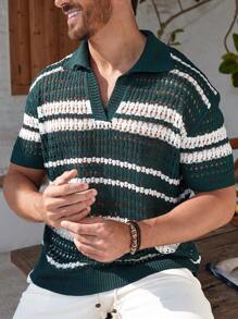 Manfinity Homme Chandail en tricot à col polo rayé ajouré décontracté pour hommes