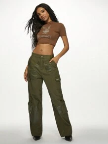 Missguided x Playboy Military Cargo Pants Loose Fit Wide Leg Combat Trousers Streetwear Utility Festival Y2K Fashion Autumn Winter - Green - View 5