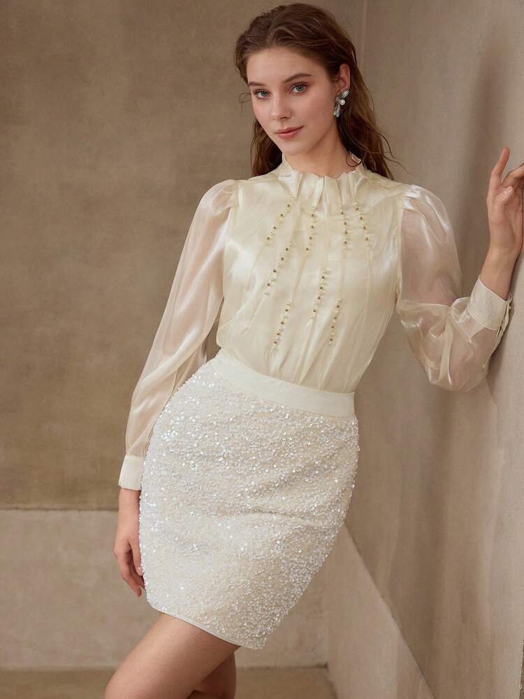 ORGANZA FAUX PEARL BEADED BLOUSE