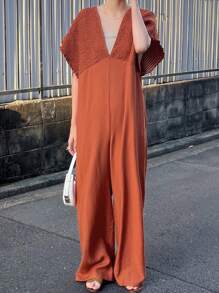 FRIFUL Women's Orange Jumpsuit With V-Neck And Tie, Summer Outfit Romper - Orange - View 5