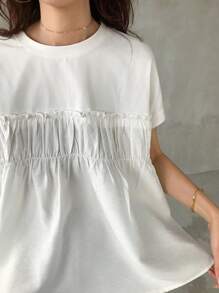 FRIFUL 女式超大白色T恤，袖子和下摆有拼布设计，夏季服装，荷叶边