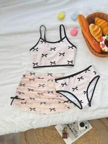 SHEIN Tween Girl 3pcs/Set Adorable Bow Print Swimwear Set, Adjustable Strap Bikini Top & Bottom With Skirt, Beach Outfit - Multicolor - View 5