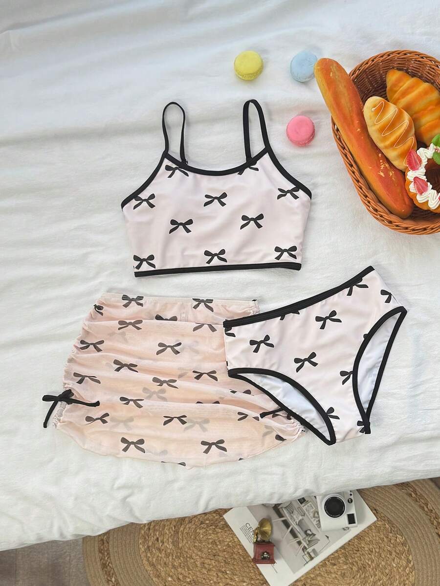 SHEIN Tween Girl 3pcs/Set Adorable Bow Print Swimwear Set, Adjustable Strap Bikini Top & Bottom With Skirt, Beach Outfit - Multicolor - View 1