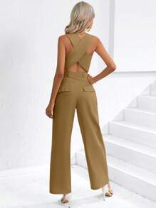SHEIN Privé 2pcs Women's Simple Solid Color Front Button Sleeveless Top And Long Pants Set - Khaki - View 3