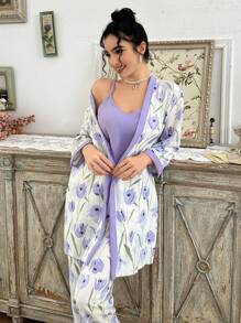 CottageSlumber 3pcs Women Colorblock Seersucker Floral Print Pajamas Set Holiday Season, Fall Clothes  Cozy And Elegant Details - Purple - View 3