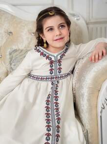 Young Girls Ramadan Collection V-Neck Flared Long Sleeve A-Line Dress With Elastic Waist, Digital Print, For Spring/Summer - White - View 4
