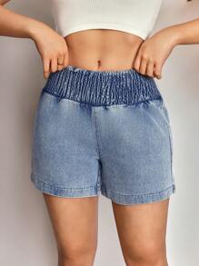 SHEIN SXY High Waist Denim Shorts For Women, Summer New Loose Elastic Waist Wide Leg A-Line Sexy Shorts - Blue - View 6