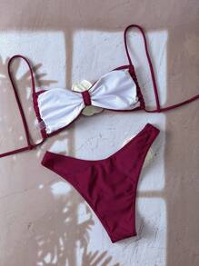 Swim Chiccia Women's Fashionable & Elegant 3D Flower Decor Bikini Set For Summer Beach Vacation - Burgundy - View 2