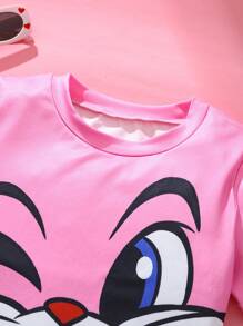 SHEIN Girls' Casual Everyday Cute Rabbit Expression Pattern Round Neck Short Sleeve T-Shirt, Soft And Comfortable Knitted Fabric, Suitable For Easter, Fun Costume Play, Parties, Outdoor Activities - Hot Pink - View 7