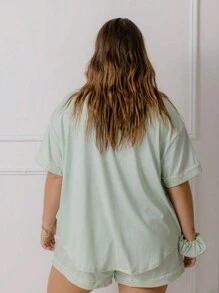 Aralina Curve Soft Jersey Button Front Shirt And Matching Shorts Lounge Set With Scrunchie - Mint Green - View 2