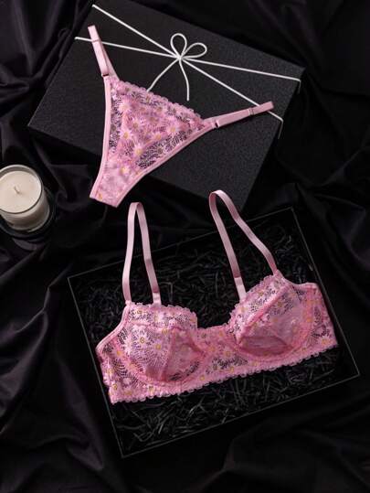 PetitDoll 2件套雏菊蕾丝透视钢圈性感文胸和丁字裤内衣套装女士