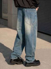Claim Dot 男式宽松直筒口袋休闲百搭牛仔裤 - 中等水洗藍 - 查看 2