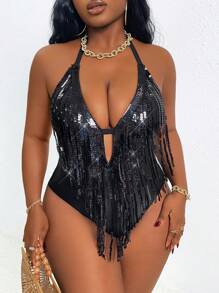 SHEIN Slayr CURVE Traje de baño de una pieza con escote halter calado para mujer de talla grande, sexy y elegante para fiestas, para vacaciones de verano en la playa