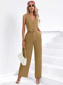 SHEIN Privé 2pcs Women's Simple Solid Color Front Button Sleeveless Top And Long Pants Set - Khaki - View 4