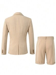 Manfinity Mode 2件套男士秋季纯色翻领长袖西装外套和裤子休闲套装 - 卡其色 - 查看 2