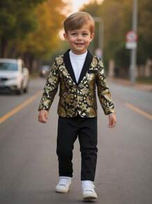 SHEIN 2pcs Young Boys Gentleman Fashion Set: 1 Black Base Gold Foil Print Long Sleeve Blazer Jacket With Minimalist Lapel Design And Decorative Faux Pockets, 1 Elastic Waist Formal Suit Pants. Elegant And Noble Style Suitable For Birthday Party, Ceremony, Wedding, Wedding Guest, Ring Bearer, Page Boy - Black - View 3