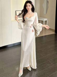 Modelyn 女式杏色梭织面料拼接花卉荷叶边领收腰长裙 - 杏色 - 查看 3