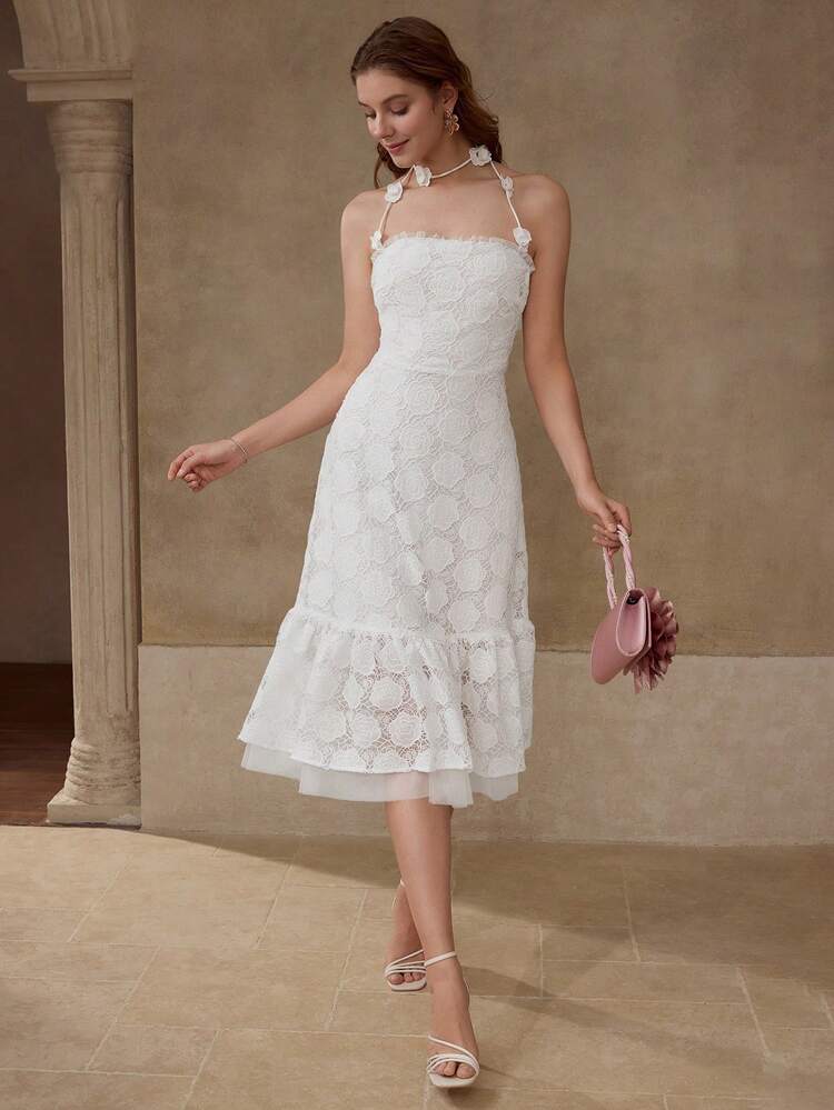 LACE RUFFLE HEM HALTERNECK DRESS