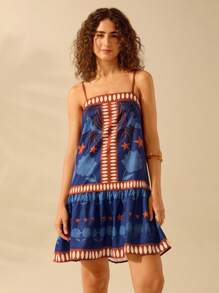 CAJUNI Women's Boho Style Star, Flower, Bird & Plant Print Spaghetti Strap Back Tie Short Casual Beach Summer Dress - Multicolor - View 6