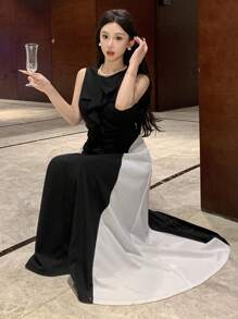 DAZY Women's Contrast Color Ruffle Hem Round Neck Sleeveless Midi Dress Prom Dress Sundress,Formal Women Dresses Elegant Women Dresses - Black - View 5