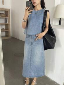 DAZY 女士水洗牛仔宽松背心和裙子套装 - 中等水洗藍 - 查看 3