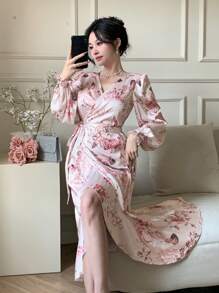 DAZY Damen V-Ausschnitt Rüschen Saum gebundenes Blumen Midi Kleid Abendkleid, Herbstkleid Langarm Kleid Elegante Damenkleider - Pink - Übersicht 3