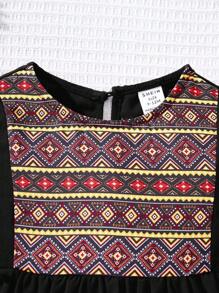 SHEIN Adorable Geometric Pattern Long Sleeve Dress For Baby Girls, Spring/Summer - Black - View 6