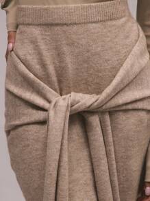 MUSERA Knit High Rise Tie Drape Detail Maxi Skirt Vacation Summer Sexy Party - Khaki - View 6
