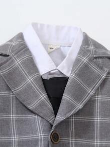 SHEIN 2 件套男童西装套装：剪裁格子西装外套和松紧腰裤。采用柔软、抗皱面料制成，适合春季、秋季和冬季场合，如派对、婚礼和学校 - 黑色 - 查看 5